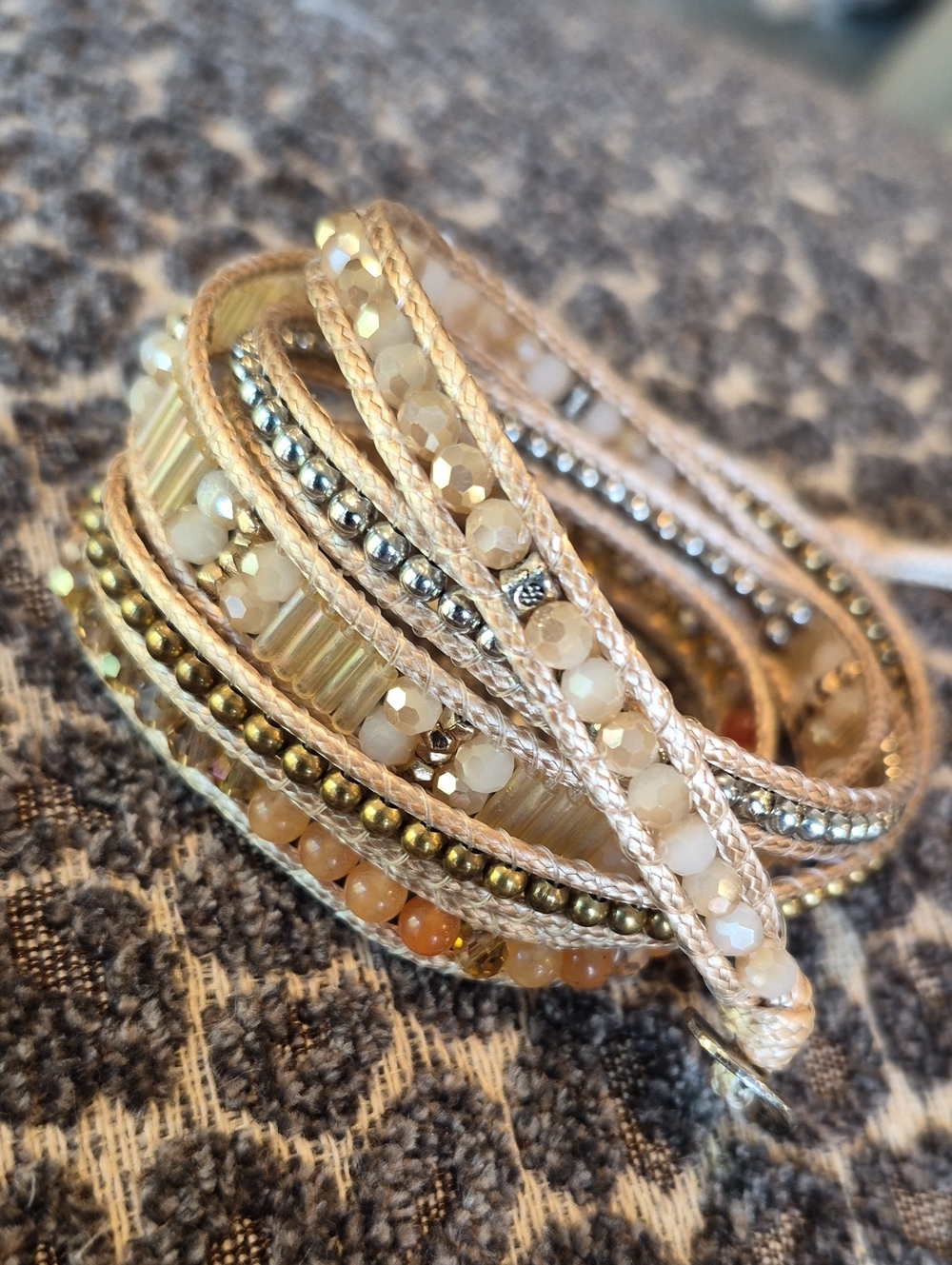 Liv Thai Bohemian Gold & Tan Hues Faceted Bead Adjustable Length Wrap Bracelet